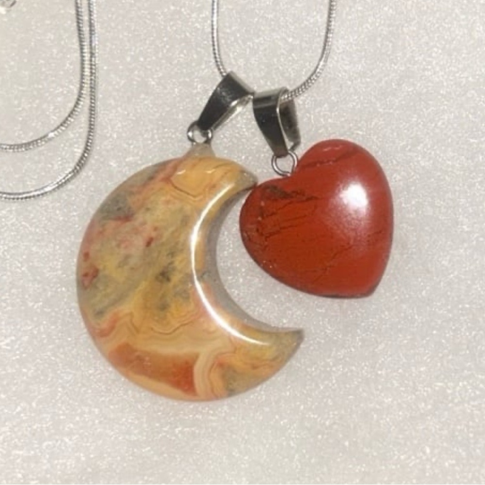Boho hippie Agate Heart and Red Jasper Heart 24” Sterling Silver N…